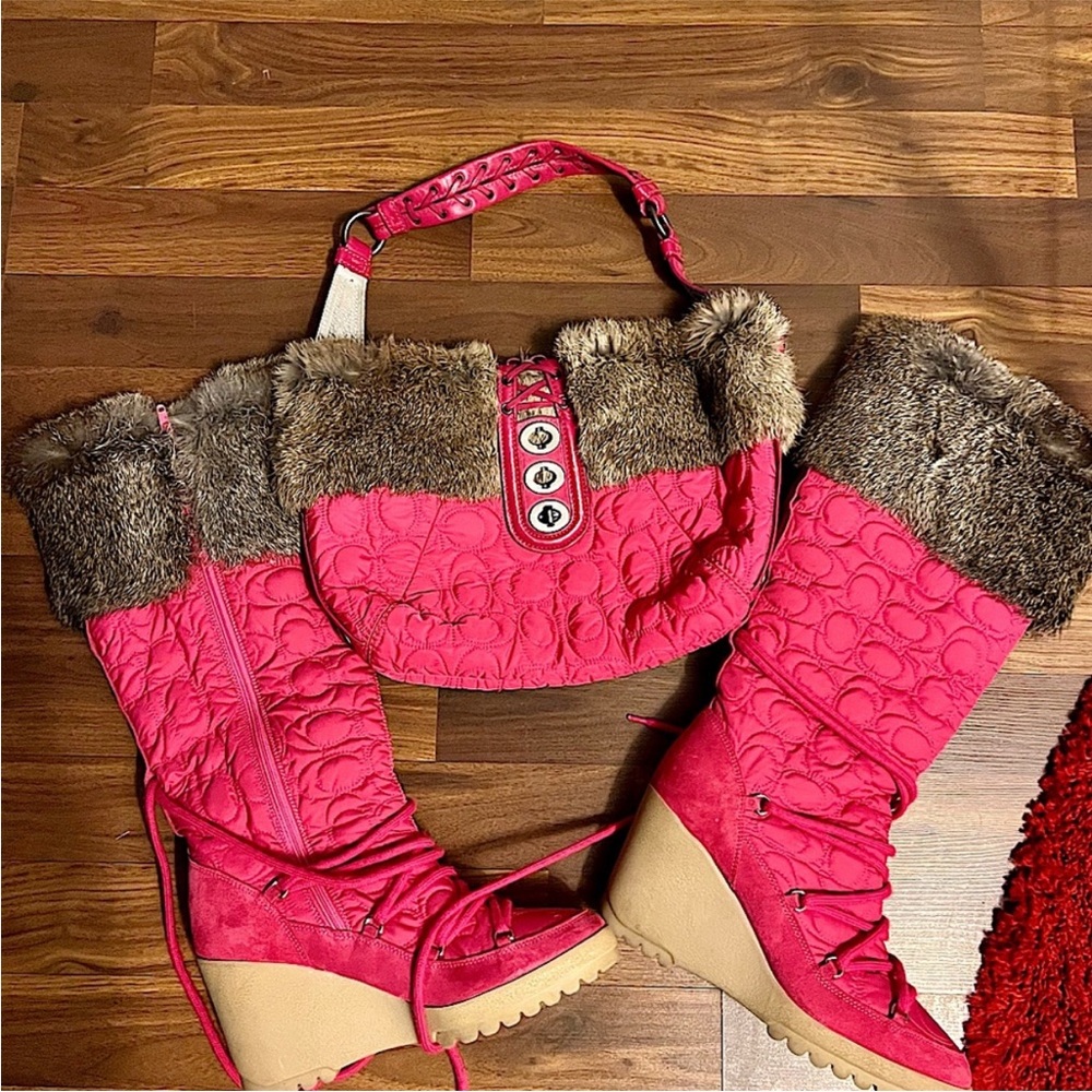 Coach Pink and Brown Fur-Trimmed Winter Boots (bag in separate listing)